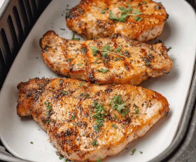 Delicious crispy air fryer thin pork chops served on a plate with garnishes, perfect for a quick and flavorful meal