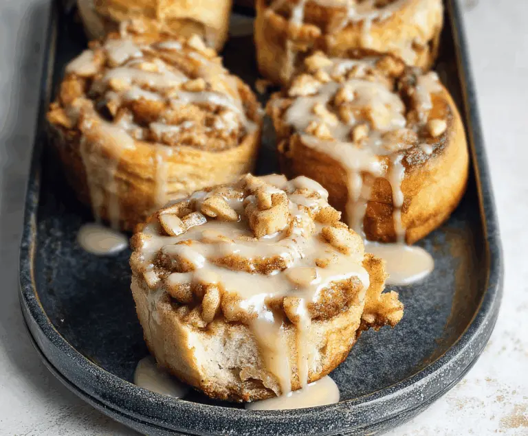 Delicious apple pie stuffed cinnamon rolls topped with caramel glaze and sprinkled cinnamon, perfect for breakfast or dessert