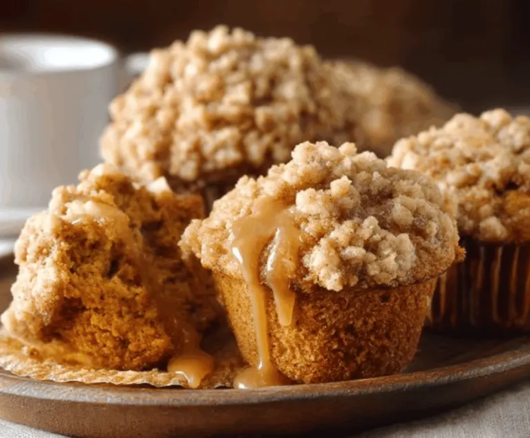 Freshly baked apple pumpkin streusel muffins with golden crust and crunchy topping on a white plate, perfect for fall breakfast or snack.