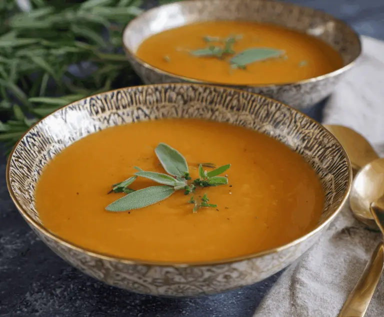 Creamy Apple and Sweet Potato Soup served in a white bowl with fresh herbs on top, perfect for a cozy, healthy meal