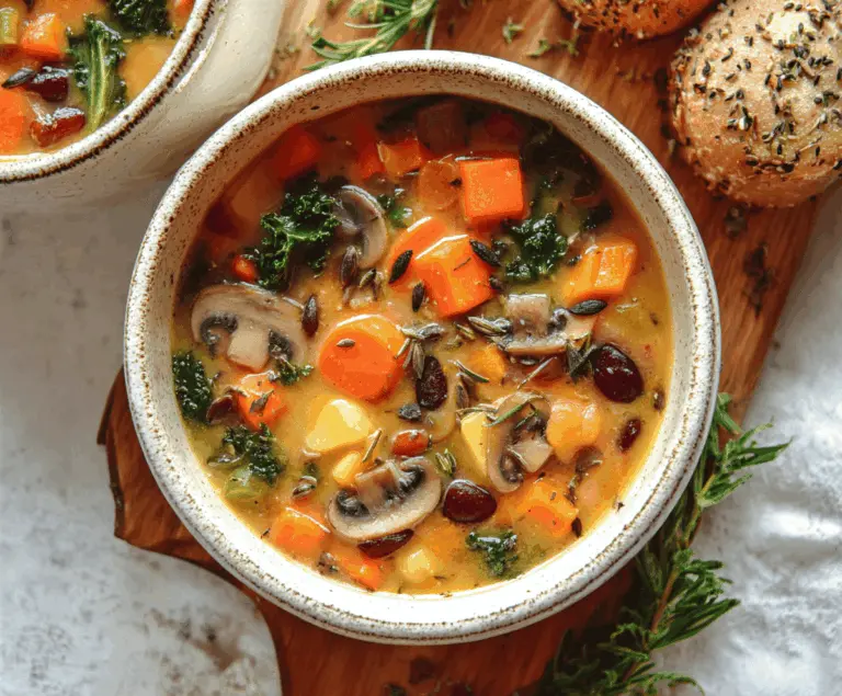 A steaming bowl of autumn harvest vegetable soup featuring vibrant seasonal vegetables like squash, carrots, celery, and kale, garnished with fresh herbs in a rustic bowl.