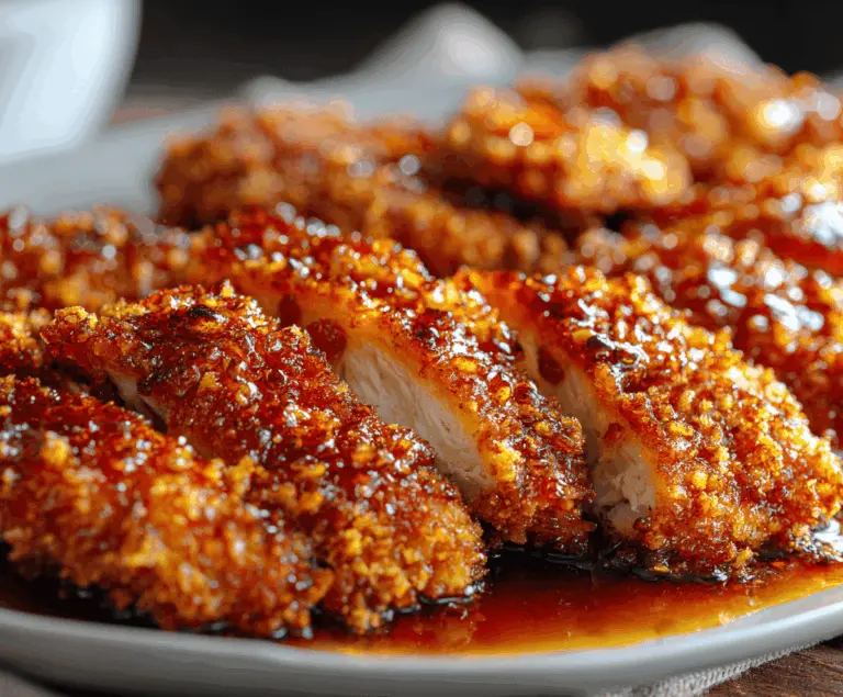Delicious baked crunchy hot honey chicken topped with crispy coating and drizzled with spicy honey sauce on a plate