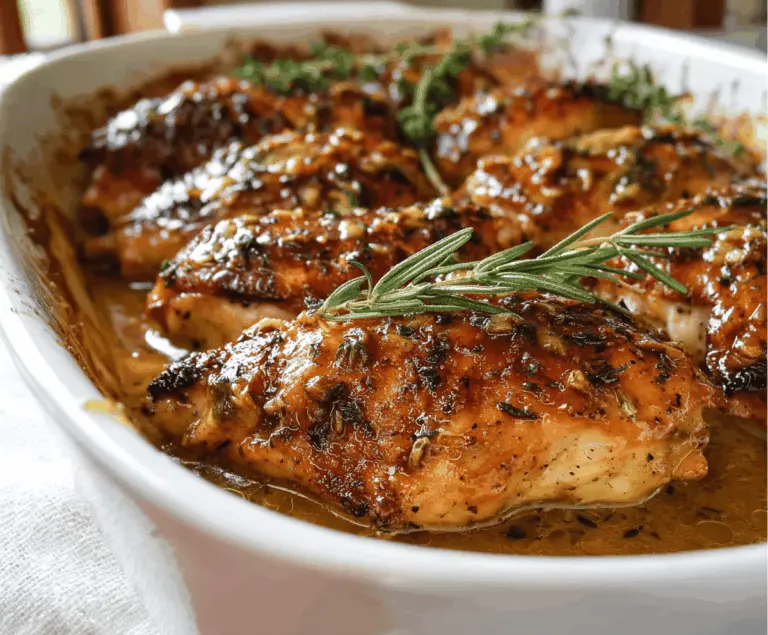 Golden baked honey Dijon chicken served with fresh herbs and roasted vegetables, flavorful and tender dinner recipe