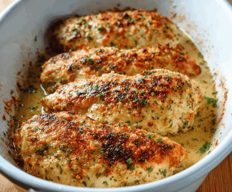 Delicious baked ranch chicken breasts with golden crispy edges served on a plate, garnished with fresh herbs
