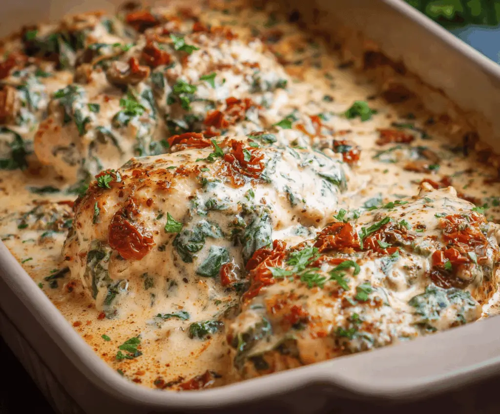 Creamy baked Tuscan chicken casserole with sun-dried tomatoes, spinach, and melted cheese in a baking dish