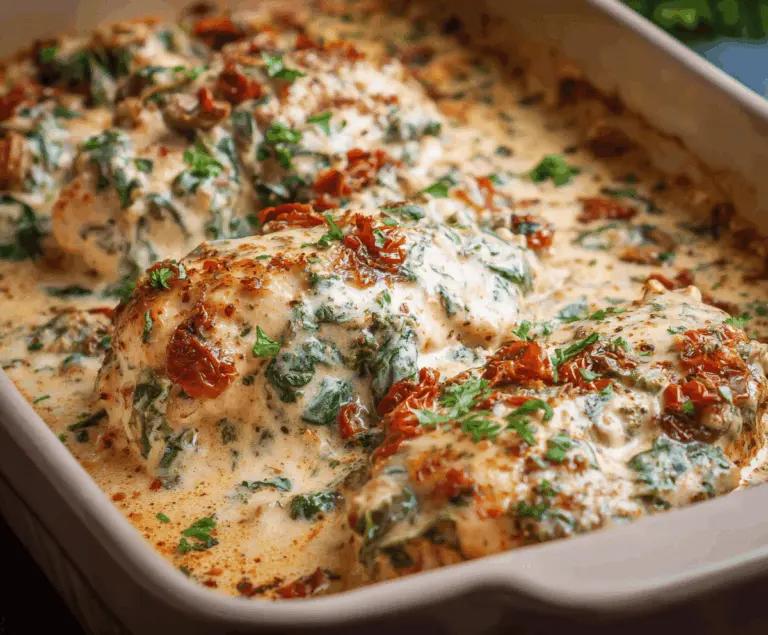 Creamy baked Tuscan chicken casserole with sun-dried tomatoes, spinach, and melted cheese in a baking dish