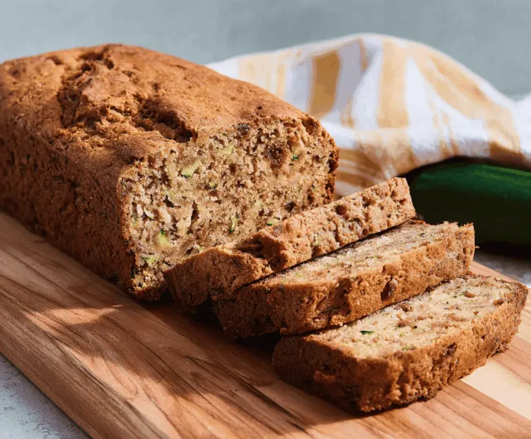 Delicious slice of bakery-style zucchini bread with golden crust and moist crumb, topped with nuts and fresh zucchini slices, ready to enjoy.