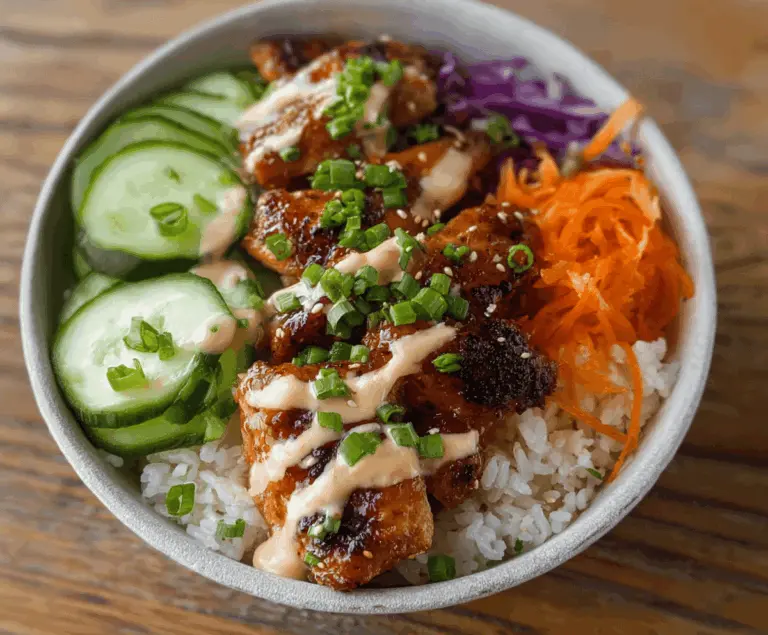 Delicious Bang Bang Chicken Bowl with crispy chicken, fresh vegetables, and spicy sauce on a plate