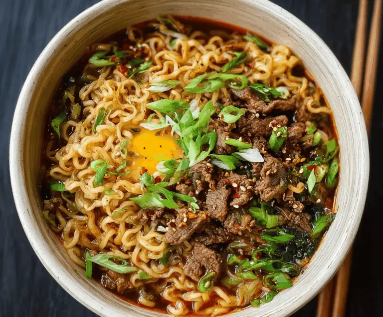 A steaming bowl of beef ramen noodles topped with sliced beef, soft boiled eggs, green onions, and savory broth, served in a traditional Japanese bowl.