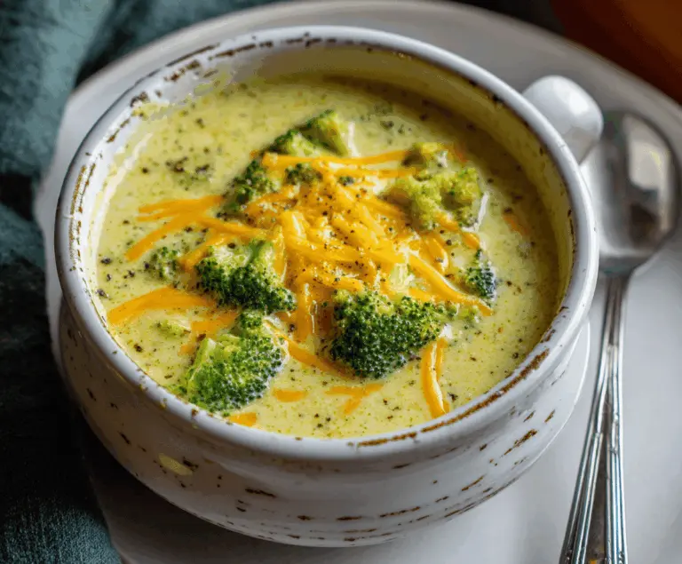 Creamy Broccoli Cheddar Soup in a bowl topped with shredded cheddar cheese and fresh broccoli florets, perfect for a comforting meal.