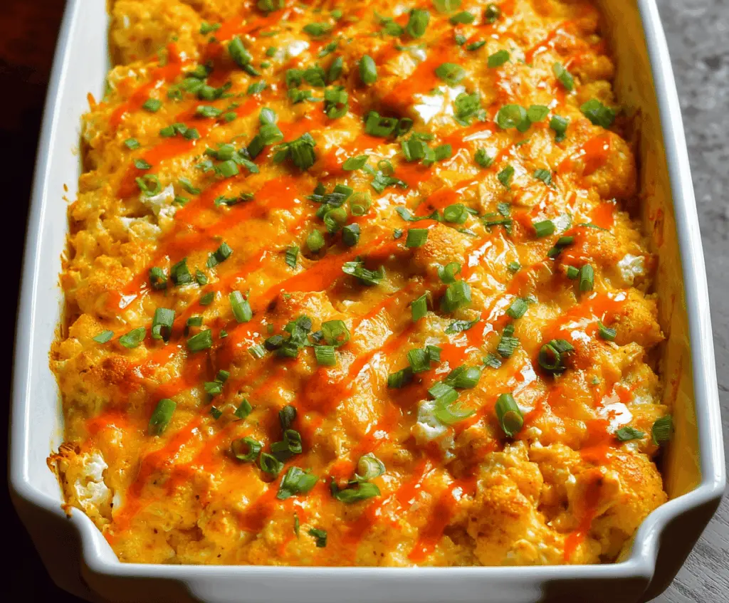 Creamy Buffalo Chicken Cauliflower Casserole topped with melted cheese and garnished with green onions, perfect for a healthy spicy dinner