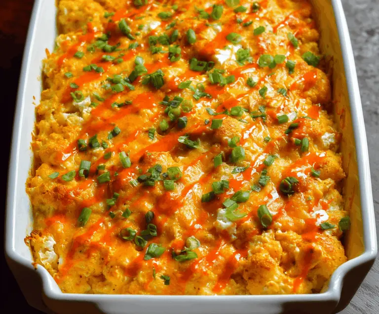 Creamy Buffalo Chicken Cauliflower Casserole topped with melted cheese and garnished with green onions, perfect for a healthy spicy dinner