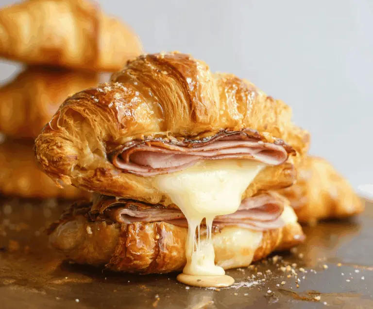 Delicious buffalo honey mustard ham and cheese croissant with melted cheese, fresh ham slices, and a crispy golden crust ready to enjoy