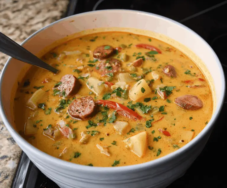 Creamy Cajun Potato Soup with spicy seasonings and garnished with fresh herbs in a rustic bowl