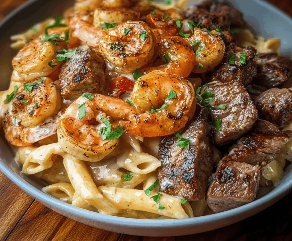 Creamy Cajun Shrimp and Steak Alfredo Pasta served with seasoned shrimp, tender steak slices, and rich Alfredo sauce on a plated pasta dish