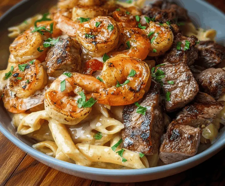 Creamy Cajun Shrimp and Steak Alfredo Pasta served with seasoned shrimp, tender steak slices, and rich Alfredo sauce on a plated pasta dish