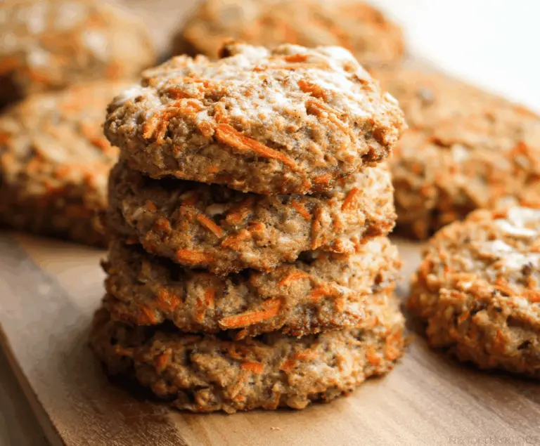 Delicious homemade carrot cake oatmeal cookies with shredded carrots, walnuts, and cream cheese frosting on a white plate