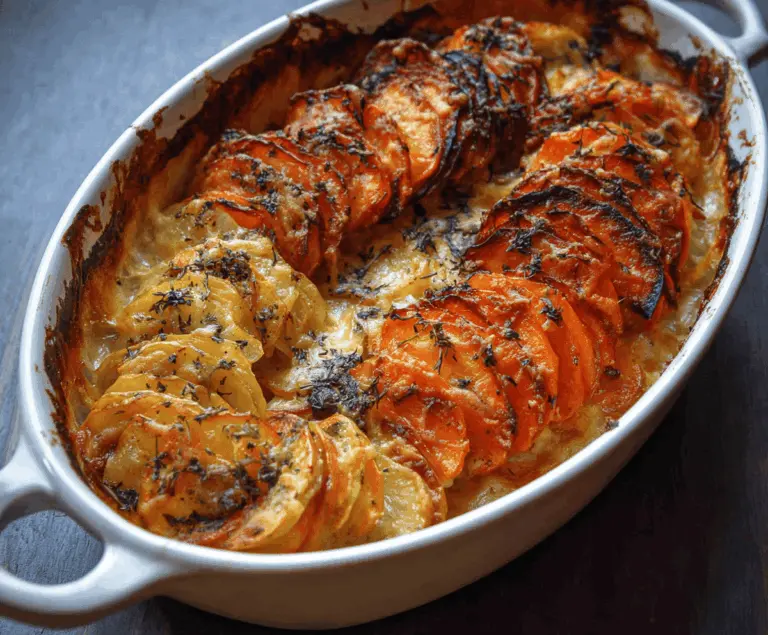 Delicious cheesy root vegetable gratin featuring layers of sliced root vegetables topped with melted cheese, perfect for a hearty and flavorful side dish.