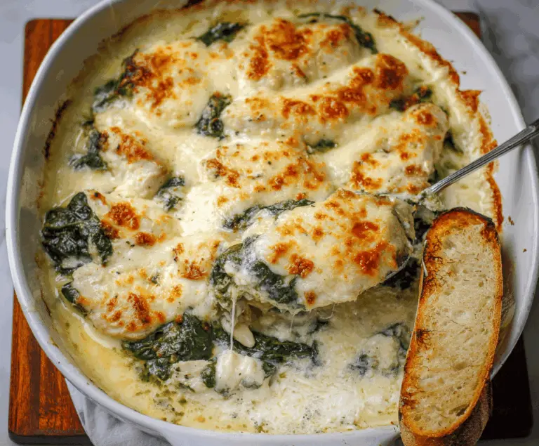 Delicious chicken and spinach casserole topped with creamy melted cheese, served in a baking dish.