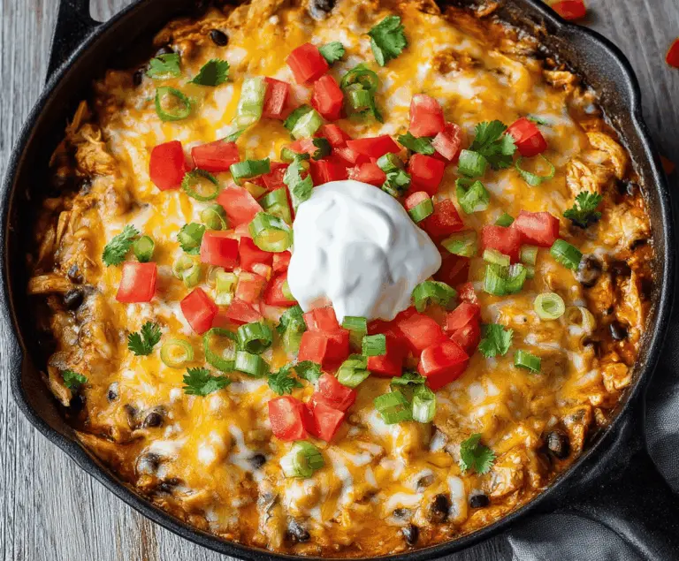 Delicious Chicken Black Bean Enchilada Skillet with melted cheese, fresh cilantro, and vibrant spices in a sizzling skillet