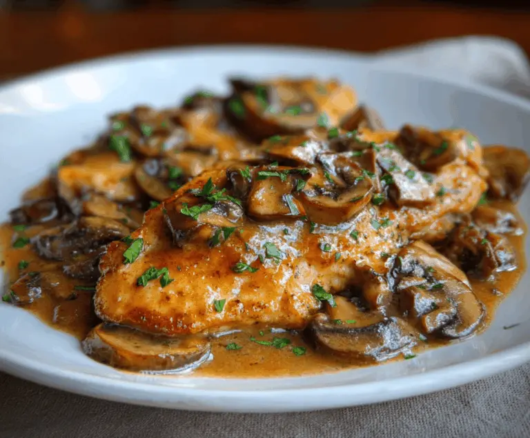 Delicious Chicken Marsala served with mushrooms and herbs on a white plate, perfect for a savory Italian dinner