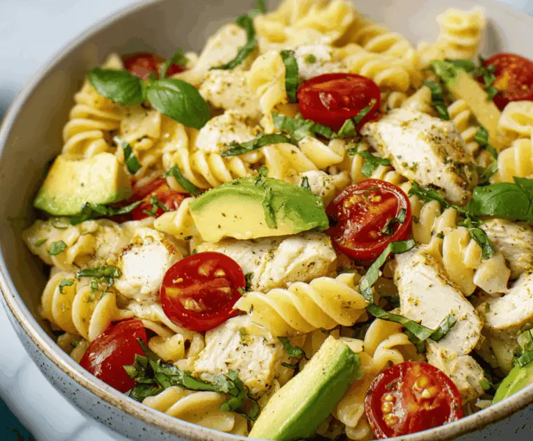 Colorful chicken pasta salad with avocado and cherry tomatoes, garnished with fresh herbs, perfect for a healthy meal or side dish.