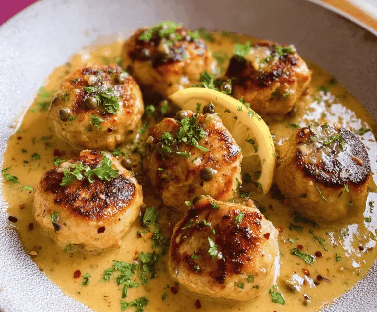 Delicious chicken piccata meatballs served with lemon sauce and capers, perfect for a flavorful Italian-inspired meal