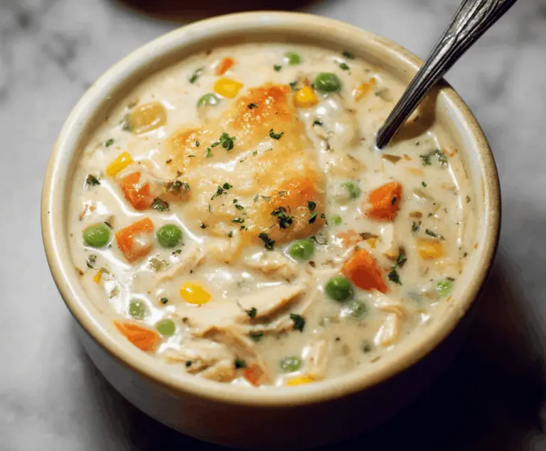 Creamy Chicken Pot Pie Soup topped with flaky golden crust and fresh herbs, served in a bowl for a comforting and hearty meal.