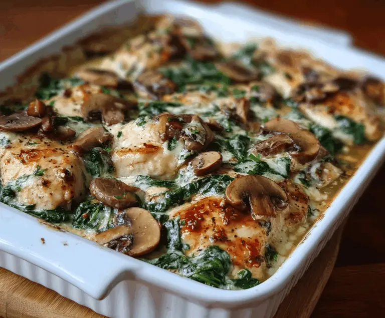 Delicious chicken, spinach, and mushroom low-carb baked dish ready to serve