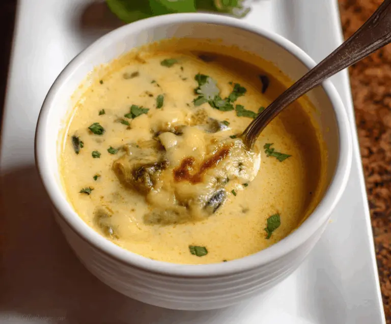Creamy Chile Relleno Soup in a bowl garnished with fresh herbs and melted cheese, featuring roasted poblano peppers and a flavorful broth.