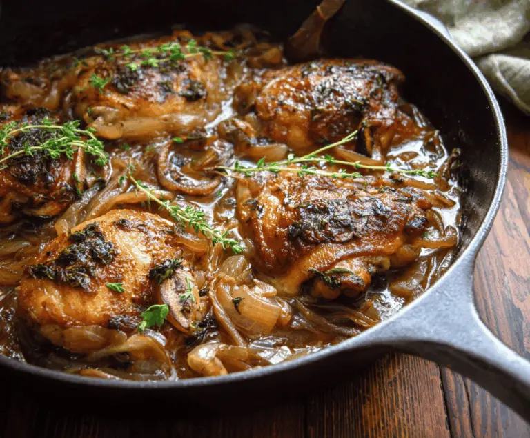 Delicious cider braised chicken topped with caramelized onions, served on a plate with fresh herbs and a side of vegetables