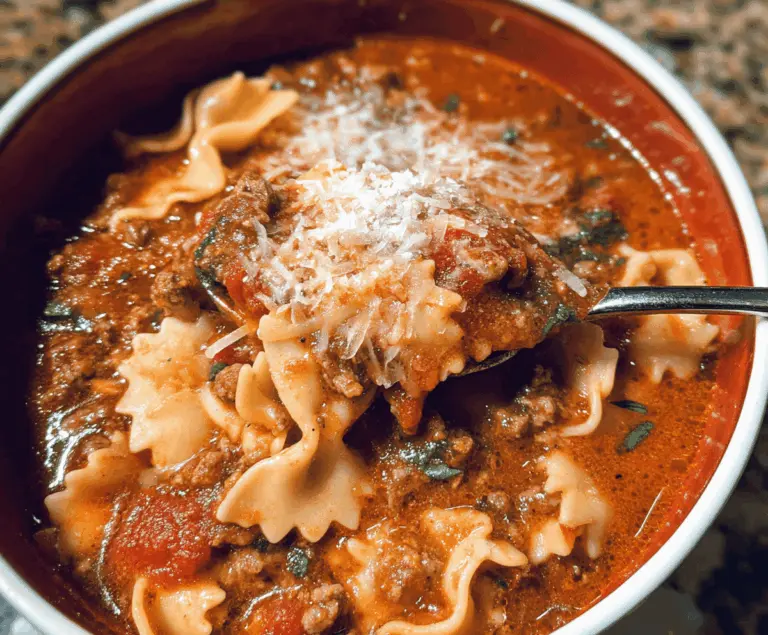 A bowl of steaming classic lasagna soup topped with melted cheese, fresh basil, and rich tomato sauce, served with garlic bread on the side.