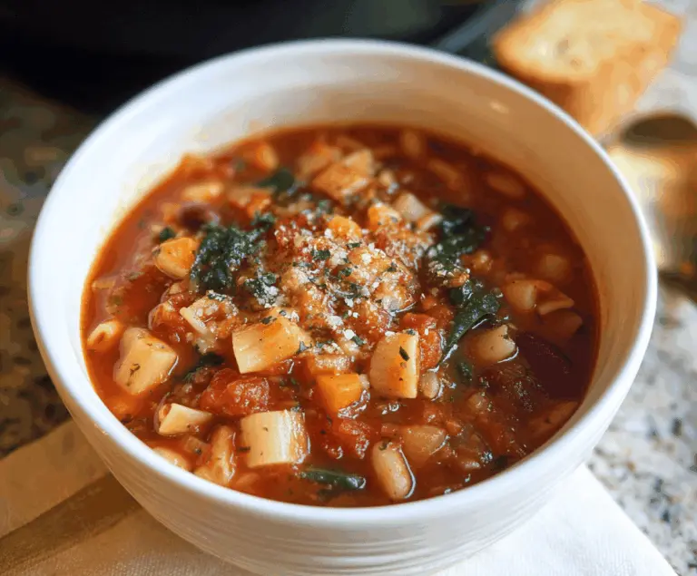 A bowl of steaming classic minestrone soup with fresh vegetables, pasta, and herbs garnished with basil leaves.