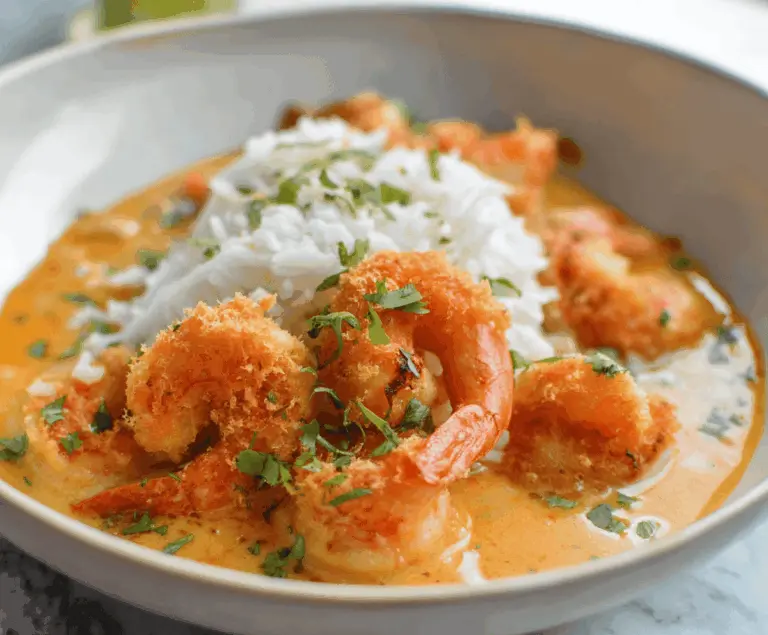 Creamy coconut shrimp curry served with steamed rice and fresh cilantro, featuring tender shrimp in a flavorful coconut sauce.