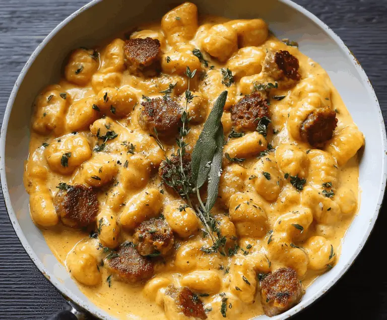 Creamy butternut squash gnocchi with sausage, garnished with herbs on a white plate, ready to serve