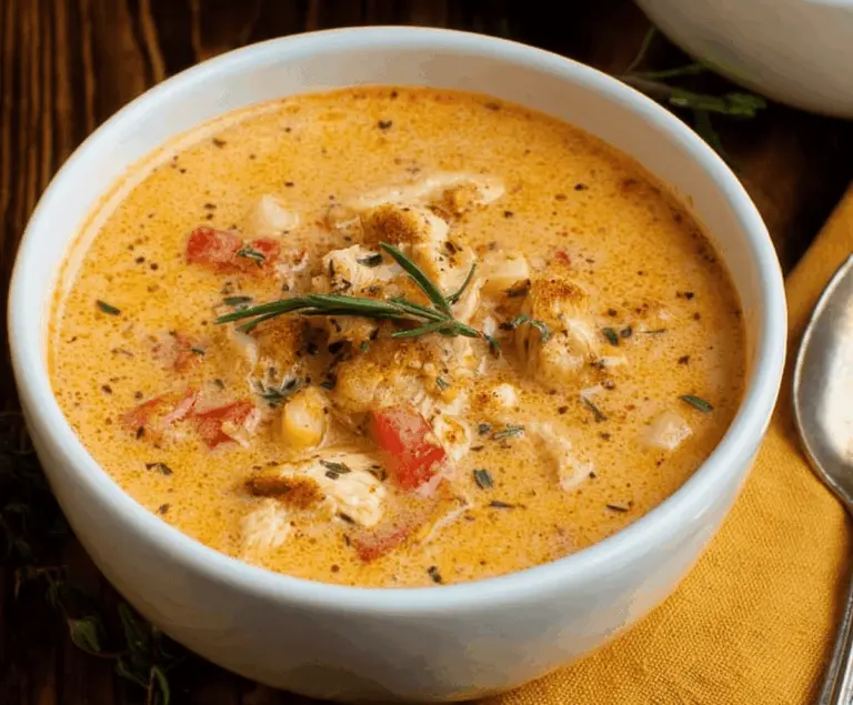 Creamy Cajun Chicken Soup in a bowl topped with fresh herbs and spices, featuring tender chicken, vegetables, and a rich, flavorful broth.