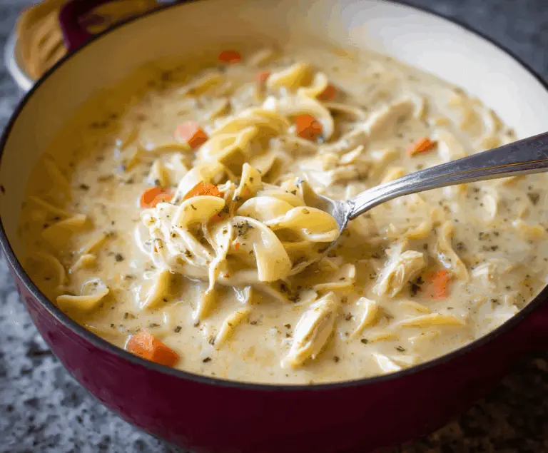 A steaming bowl of creamy chicken noodle soup garnished with fresh herbs and vegetables, showcasing tender chicken, hearty noodles, and a rich, velvety broth.