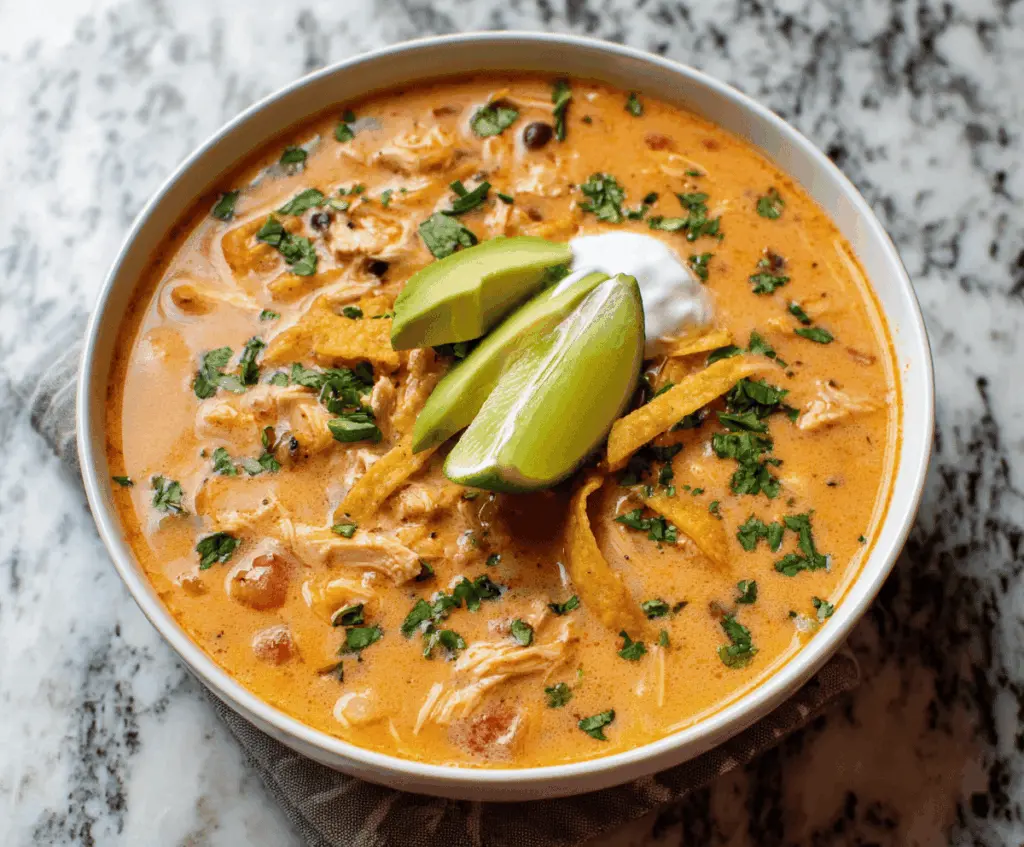 Creamy Chicken Tortilla Soup in a bowl topped with shredded cheese, fresh cilantro, and crispy tortilla strips, served hot for a comforting meal