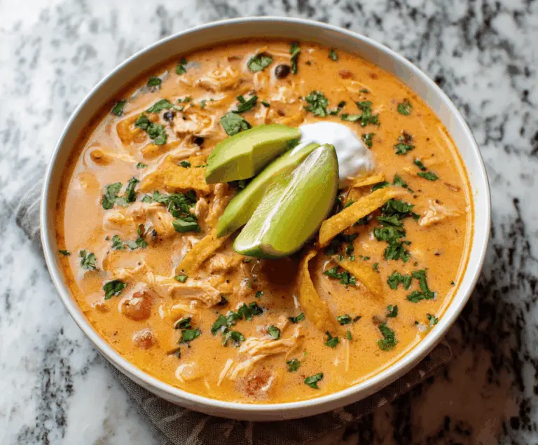 Creamy Chicken Tortilla Soup in a bowl topped with shredded cheese, fresh cilantro, and crispy tortilla strips, served hot for a comforting meal