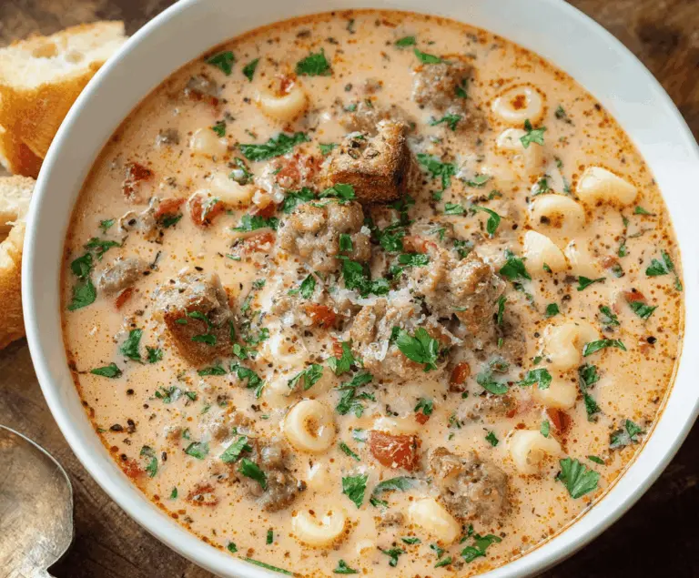 Creamy Parmesan Italian Sausage Soup in a bowl with fresh herbs and melted cheese, showcasing a hearty and flavorful Italian sausage soup with creamy texture