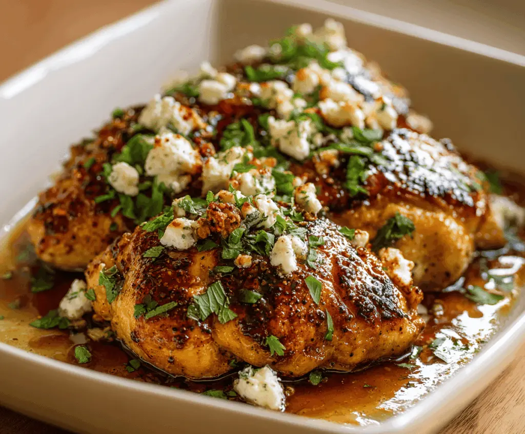 Crispy Hot Honey Feta Chicken served on a plate with garnishes, featuring a golden, crispy exterior topped with hot honey and crumbled feta cheese.