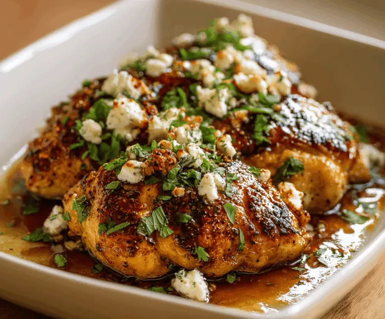 Crispy Hot Honey Feta Chicken served on a plate with garnishes, featuring a golden, crispy exterior topped with hot honey and crumbled feta cheese.