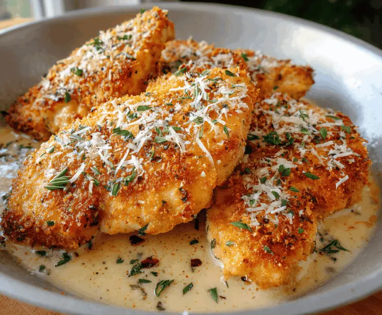 Golden crispy Parmesan chicken served with fresh herbs on a white plate, perfect for a flavorful dinner