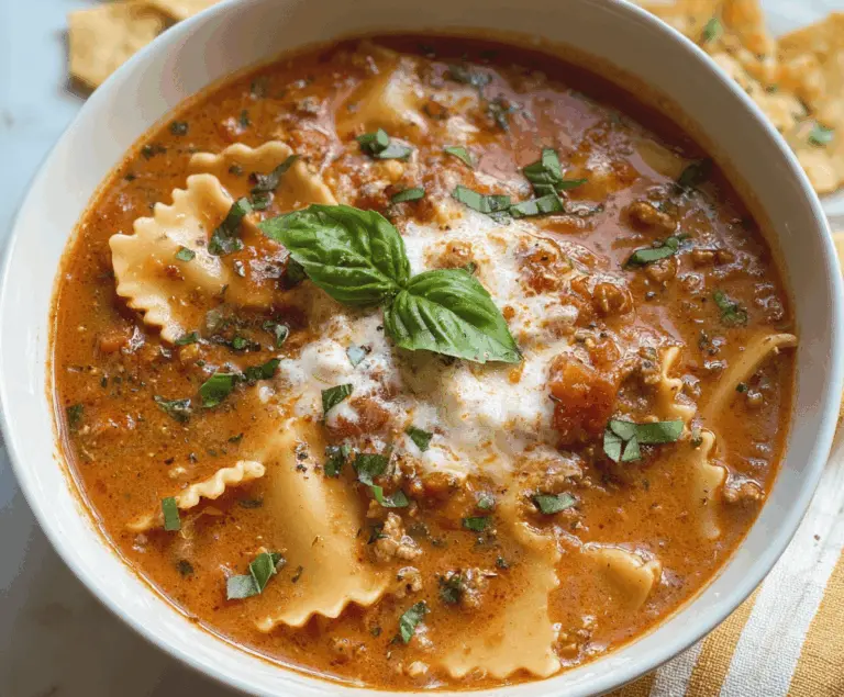 Creamy dairy-free lasagna soup in a bowl garnished with fresh basil and melted dairy-free cheese, perfect for a comforting gluten-free meal.