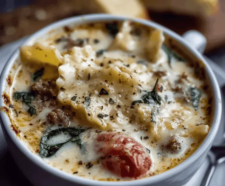Creamy Alfredo Lasagna Soup with layers of cheese, pasta, and rich Alfredo sauce in a comforting bowl