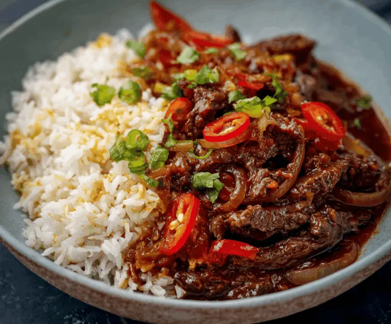 Savory chili beef served with fluffy rice on a plate, garnished with fresh herbs and colorful vegetables, perfect for a flavorful and hearty meal.