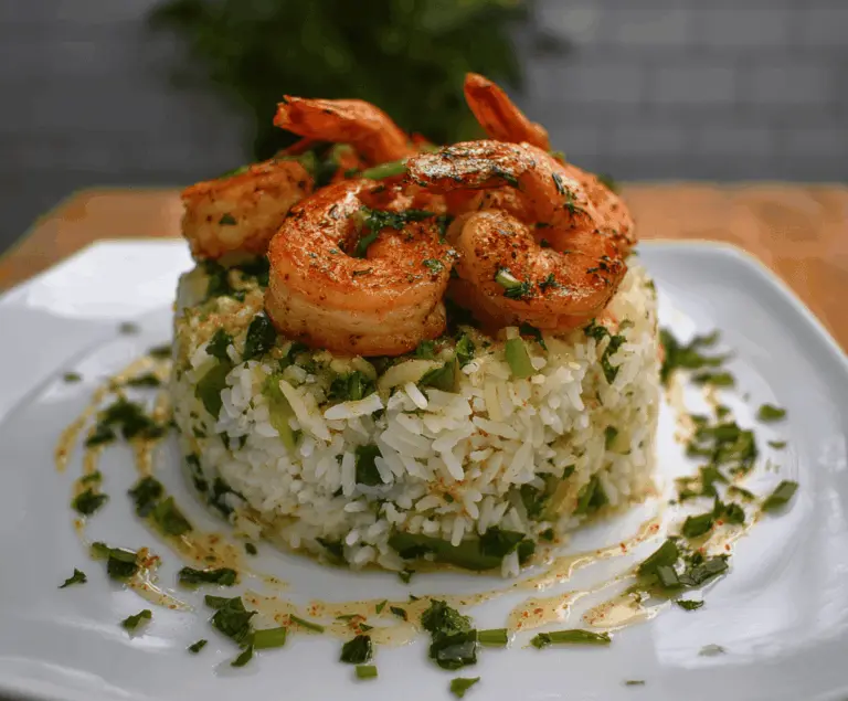 Delicious Garlic Butter Shrimp and Rice Stack served on a plate, topped with fresh herbs and lemon wedges, perfect for a flavorful seafood meal.