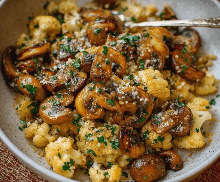 Garlic Cauliflower Mushroom Skillet: flavorful healthy vegetable stir-fry with cauliflower, mushrooms, and garlic in a skillet
