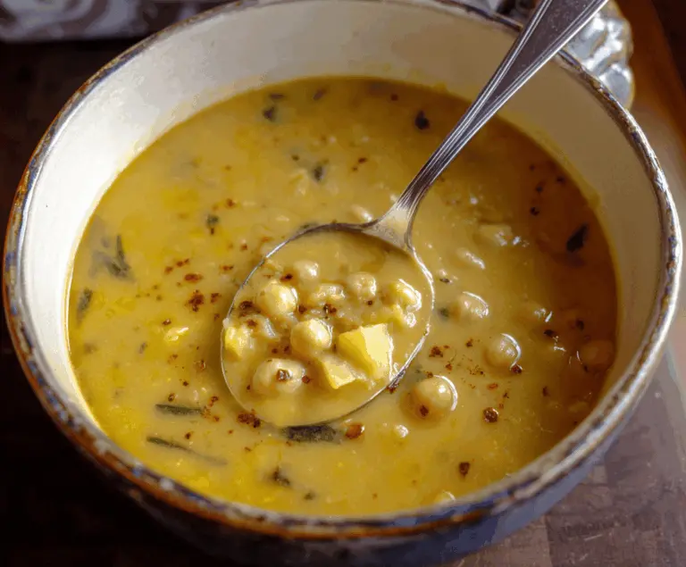 Creamy garlic chickpea soup garnished with fresh herbs in a bowl, featuring a spoon and rustic wooden table background.