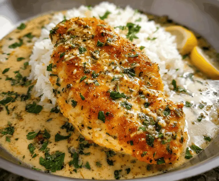 Juicy garlic Parmesan chicken breast served with fresh herbs and a golden crust, perfect for a flavorful dinner.